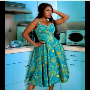 Pinup Girl Couture PUG Nancy Spanish Fans Swing Dress 2x NWT sundress blue